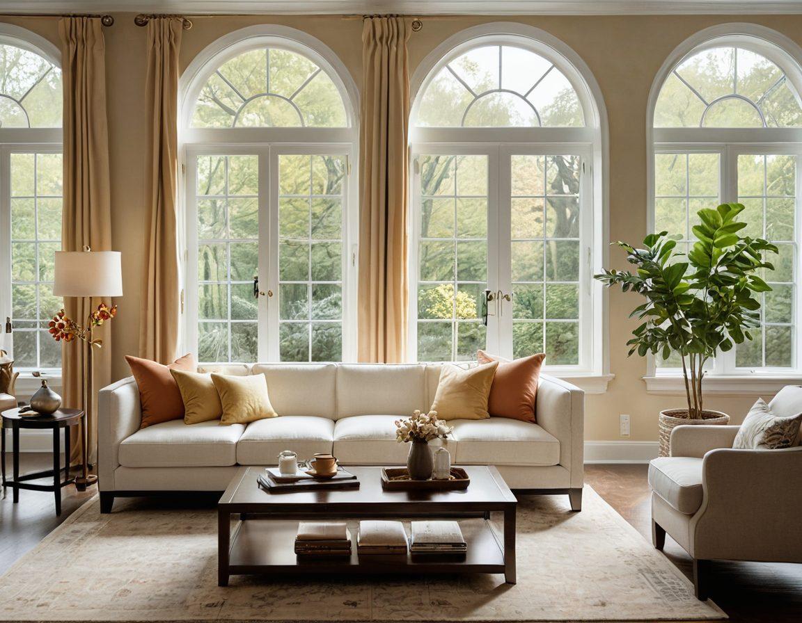 An inviting living room featuring beautifully arranged furniture like a luxurious sofa and elegant coffee table, with a protective shield icon overlaying the scene to symbolize insurance. Soft natural light streaming through large windows, creating a warm ambiance and suggesting safety and comfort. A subtle checklist of furniture insurance tips in an infographic style on the side. super-realistic. warm colors. bright background.