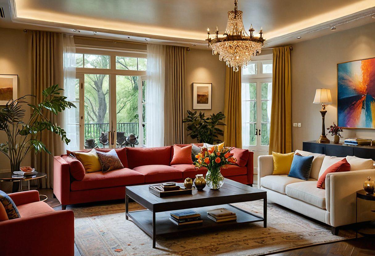 A cozy living room showcasing a variety of valuable items like art, jewelry, and collectibles placed tastefully around the space. Include a protective vault subtly integrated into the decor, symbolizing security. Soft lighting creates an inviting atmosphere, while an open window reveals a serene garden. The scene captures a sense of warmth and protection for both home and valuables. super-realistic. vibrant colors. cozy ambiance.