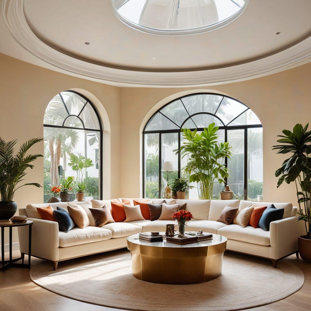An elegant living room showcasing various high-end furniture pieces, all under a protective glass dome symbolizing insurance coverage. Include visual icons representing protection and security such as a shield and a checklist around the furniture. Soft, warm lighting enhances the cozy atmosphere, with potted plants adding a touch of nature. super-realistic. vibrant colors. white background.